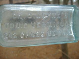 Antique Vintage Mid 1800s Dr. D. Jaynes Tonic Vermifuge Aqua Glass