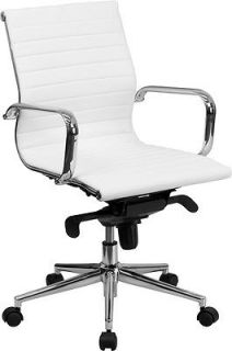 White Leather Mid Back Conference Table Chairs Polished Aluminum Base