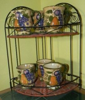 Six Coffee Mugs with Decorative Counter Top Stand, Grapes & Fruits