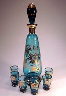 Vintage VENETIAN GLASS BLUE CORDIAL DECANTER AND GLASS SET CLEMATIS