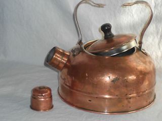 antique wide copper clad TEA KETTLE solid copper whistle flat spout