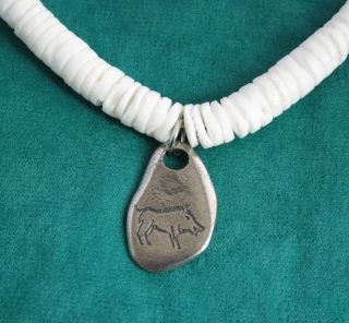 Wild Boar Cave Drawing in Fine English Pewter on Shell Necklace, Gift