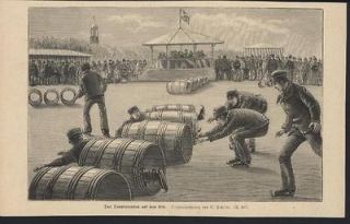 Barrel Racing on the Ice c.1880 antique ice skating wood engraving