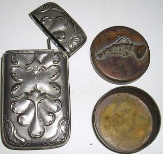 brass pill box with horn&vin old tin match safe invery good condition