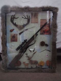 Hunting Shadowbox w real fur, antique guns, antlers, deer, postcards