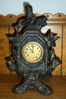 Old / Antique Spelter Desk Mantle Clock w/ Bird House
