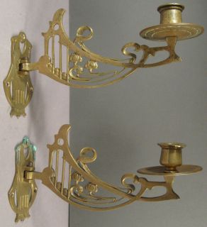 Antique Pair Brass Art Nouveau Piano Candle Sconces, Wall Sconces