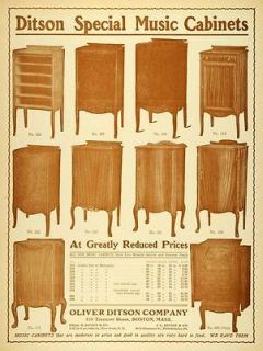 1909 Ad Oliver Ditson Oak Mahogany Music Record Cabinet   ORIGINAL