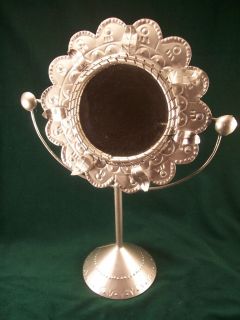 VINTAGE MEXICO PUNCHED METAL VANITY STANDING TILTING MIRROR, 13 TALL