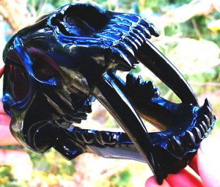 Black Obsidian Superbly Handcrafted Saber Tooth Tiger Sculpture, Skull