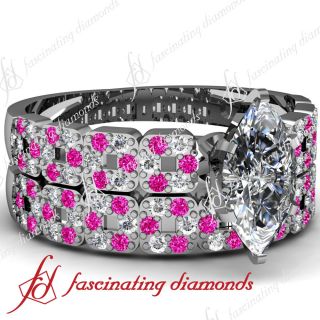 Cut Diamond & Pink Sapphire Enticing Engagement Bridal Rings Set
