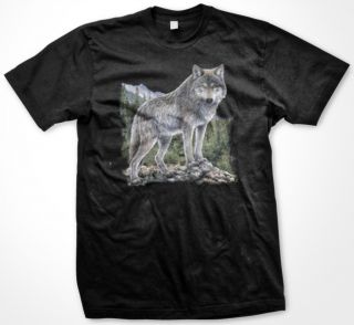 Lone Beautiful Wolf With Trees Mountain Scene Mens T shirt  Wolf