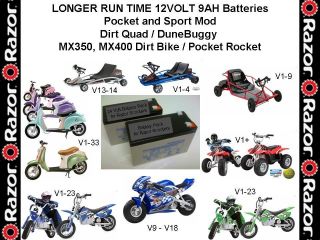 Razor Batteries 12v9 Amp Hour E200, E300, MOD, MX350, Dirt Quad