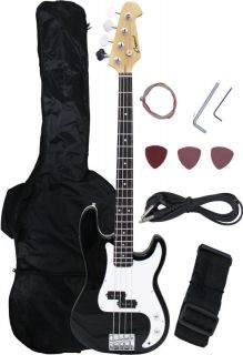 NEW Crescent BLACK CHROME Electric Bass Guitar + Strap Amp Cord Gigbag
