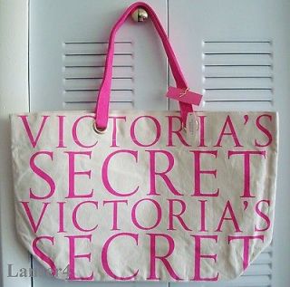 VICTORIAS SECRET Hot Pink & Cream Canvas Beach Tote Bag NWT