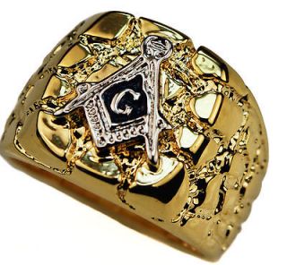 Masonic Mens Unique NUGGET Ring 18K yellow Gold Overlay size 10 BEA