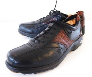 MENS BLACK LEATHER WITH BROWN CROCK PRINT TRIM ECCO GOLF SHOES 44 10