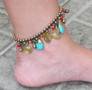 Butterfly Brass Bell Turquoise BellyDance Ankle Anklet A035