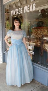 Vintage 50s 60s Cinderella Blue Chiffon Formal Prom Dress Gown