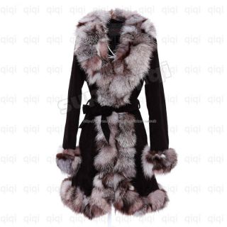 100% Real Genuine Leather Long Coat Fox Fur Collar Trim Jacket Outwear