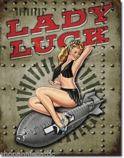 pinup LADY LUCK riding a big bomb tin sign retro garage bar decor art