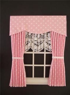 MINIATURE DOLL HOUSE CURTAIN DRAPES WITH LACE BLIND PINK SPOT 12CM