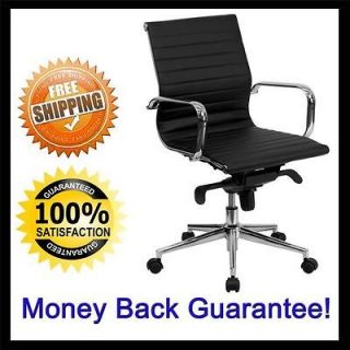 Back Modern Ribbed Office Desk Conference Chair Black Leather 48675
