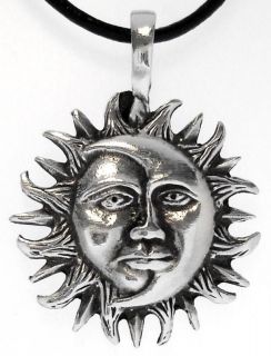 SUN MOON Silver Pewter Pendant Leather Necklace Surfer