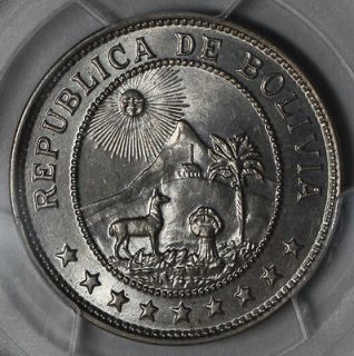 1939 PCGS MS 65 BOLIVIA 50 centavos ALPACA, SUN, Volcano, Palm Tree 1