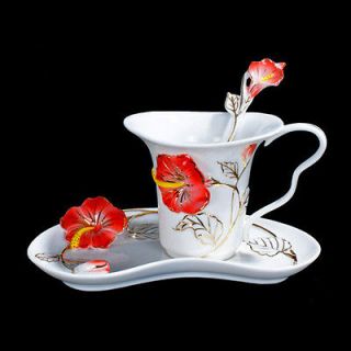 Red Hibiscus Flower Coffee Mate Set Tea Set 1Cup/1Saucer/1 Spoon