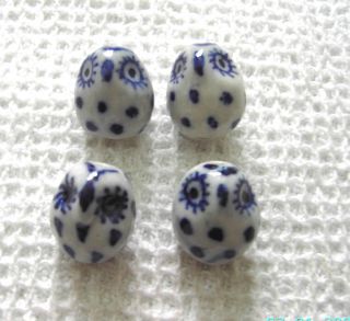 CHINESE PORCELAIN SPOTTED BLUE WILLOW OWL BEADS  blue + white