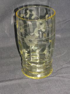 Paneled Yellow Gold Vintage Drinking Glass Tumbler Etched Flowers