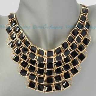 Fashion Golden Chain Double Black Square Oil Drop Pendant Bib Necklace