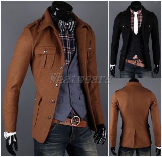 Sho Fashion Mens Button Design Slim Casual Jacket Wool Coat Tops Brown