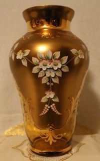 BOHEMIAN CRYSTAL CZECHOSLOVAKIA GOLD OVER GLASS PORCELAIN FLOWERS HAND