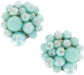Vintage Japan Blue Green Faux Pearl Beaded Cluster Earrings Carded
