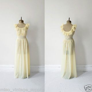 Vtg 1950s Yellow Nylon Ruffle Ruched Bodice Maxi Nightgown Lingerie