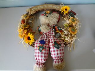 ADORABLE 13 X 18 Wicker WELCOME WREATH with PATCH BEAR DOOR WALL