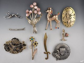 10 Vintage Pins/Brooches Dog Sword Floral Egyptian