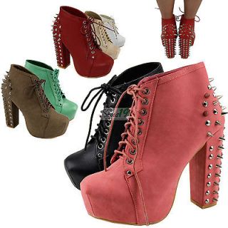 Star Spike Stud Lace Up Ankle Booties Chunky Platform High Heel Boots
