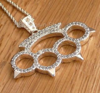 Love Thy Neighbor 2 Brass Knuckles Pendant Necklace Silver Crystal