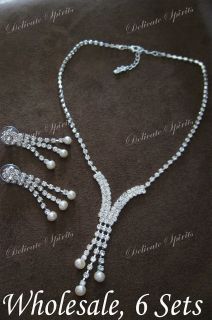 Pearl Swarovski Rhinestone Necklace Earring Bridal Wedding Prom Sets