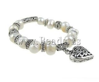 with heart charm White Natural Pearl stretch Bracelet 10 12mm 7.5