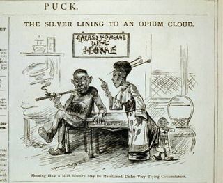 The silver lining to an opium cloud,1885,Ser ene Chinese man,smoking