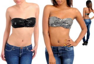 Black Silver Sequined Strapless Bandeau Bra Dance Clubbing Top Sizes 6