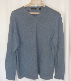 Barneys New York Mens Merino Wool Sweater V Neck LS LS Blue Ribbed EUC