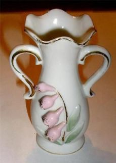 50s UCAGCO CERAMICS JAPAN APPLIED PINK LILLY OF THE VALLEY BUD VASE