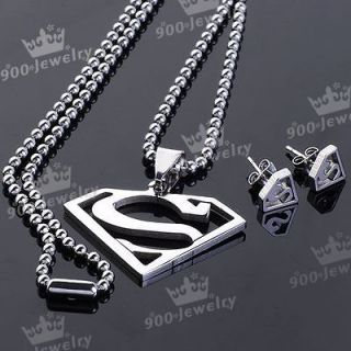 Steel Superman Pendant Chain Necklace Ear Stud Set Jewelry Gothic