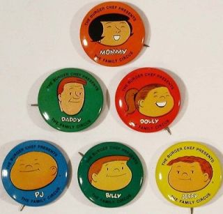 Set of 6 old BURGER CHEF FAMILY CIRCUS pins pinbacks unused new old