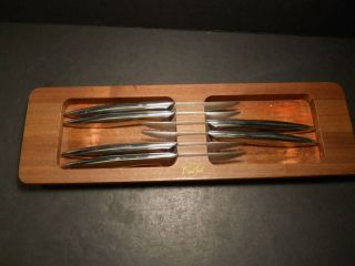 Vintage Cutlery by Carvel Hall Set Of 6 Stainless Steak Knives in Wood
